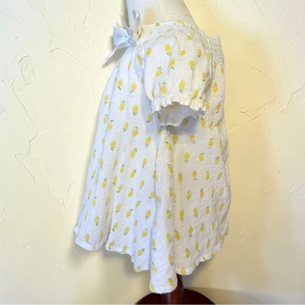 Artisan NY Lemon Print Smocked Dress 24M White Yellow Bow Summer Toddler